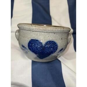 Vintage Rowe Pottery Works 5" Dia. Blue Decorated Stoneware Bowl w/ Handles 1988